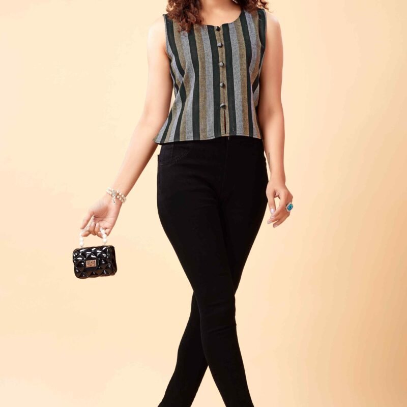 Women Casual Sleeveless Striped Pure Cotton Top