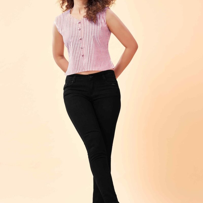 Women Casual Sleeveless Striped Pure Cotton Top with Potli Buttons